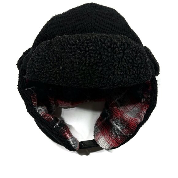 Gold Medal Plaid Trapper Hat Ear Flaps Fleece Lined Winter Black Red Wool Blend - Picture 1 of 9